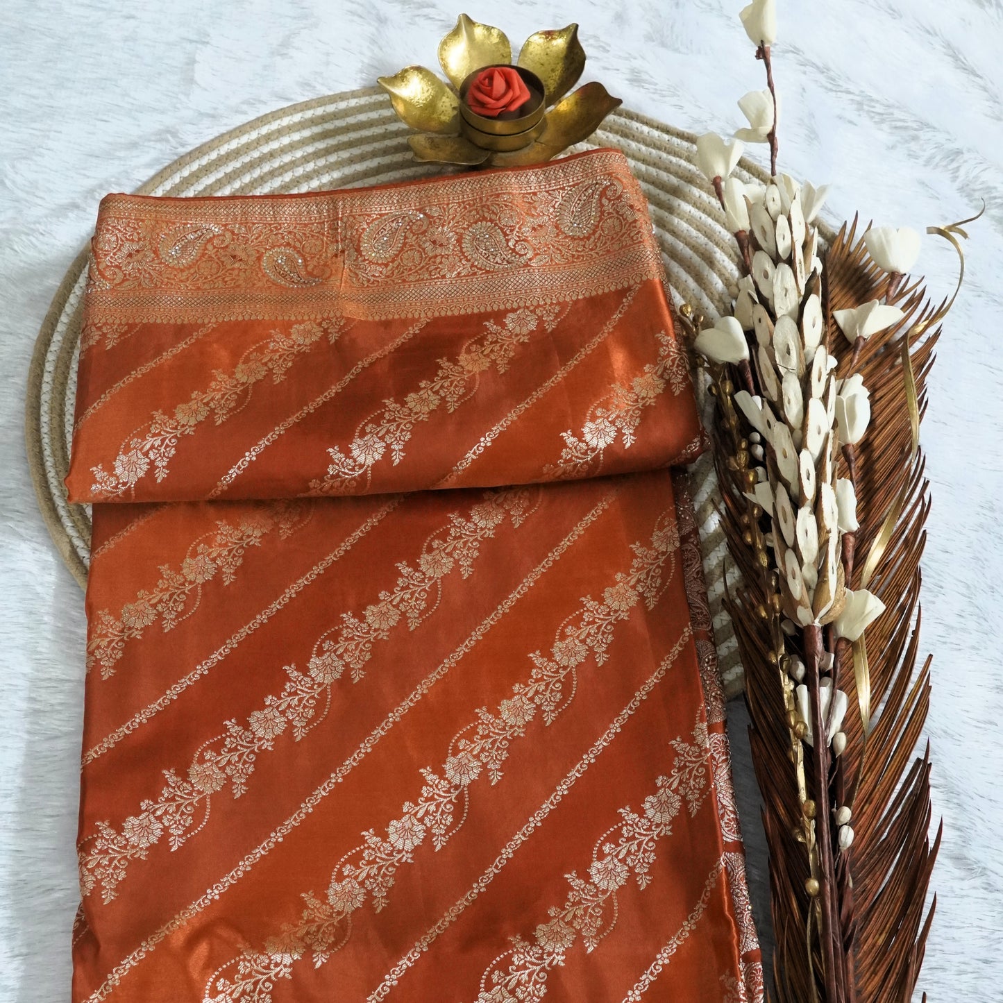 Designer Banarasee with silver zari weaving shaded with stone work | Brown | Maguvaa Sarees
