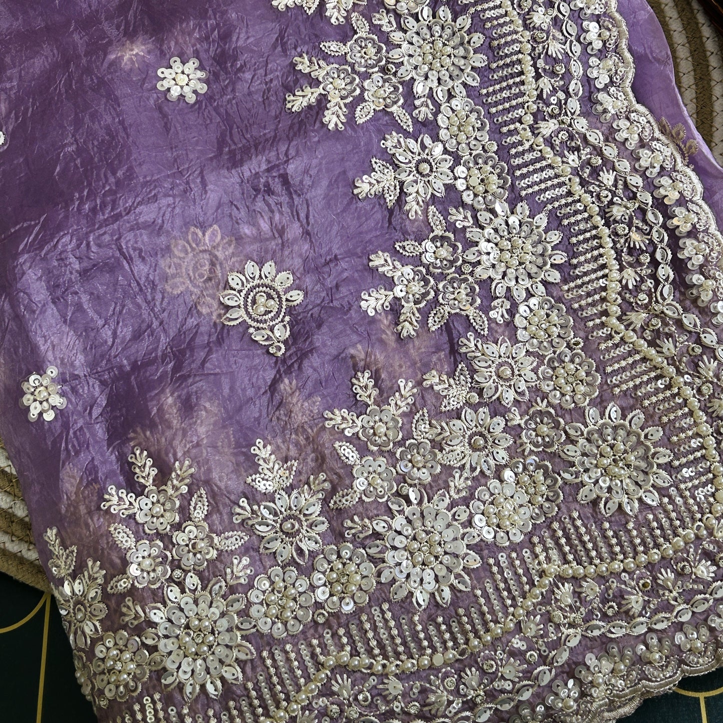 Glass Tissue Saree with Scallop Border and Pearl Work | Lavender | Maguvaa Sarees