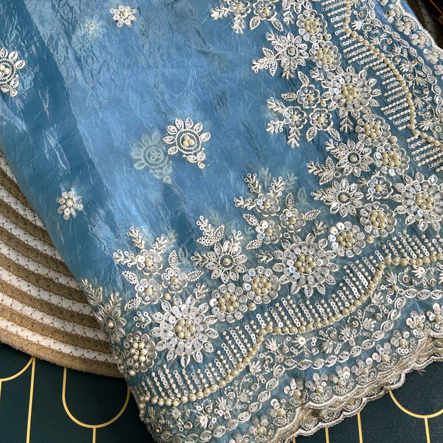 Glass Tissue Saree with Scallop Border and Pearl Work | Sky Blue | Maguvaa Sarees