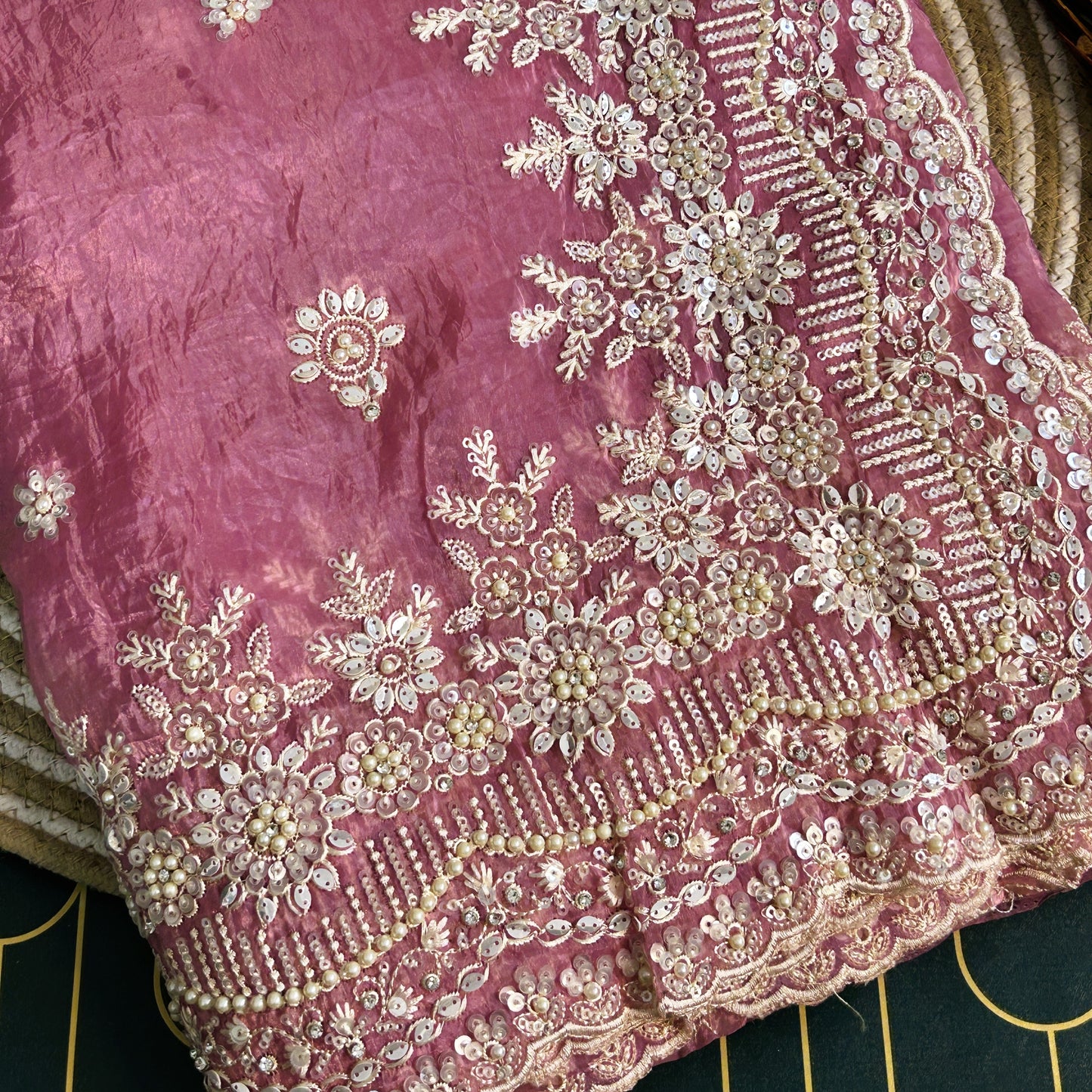Glass Tissue Saree with Scallop Border and Pearl Work | Pink | Maguvaa Sarees