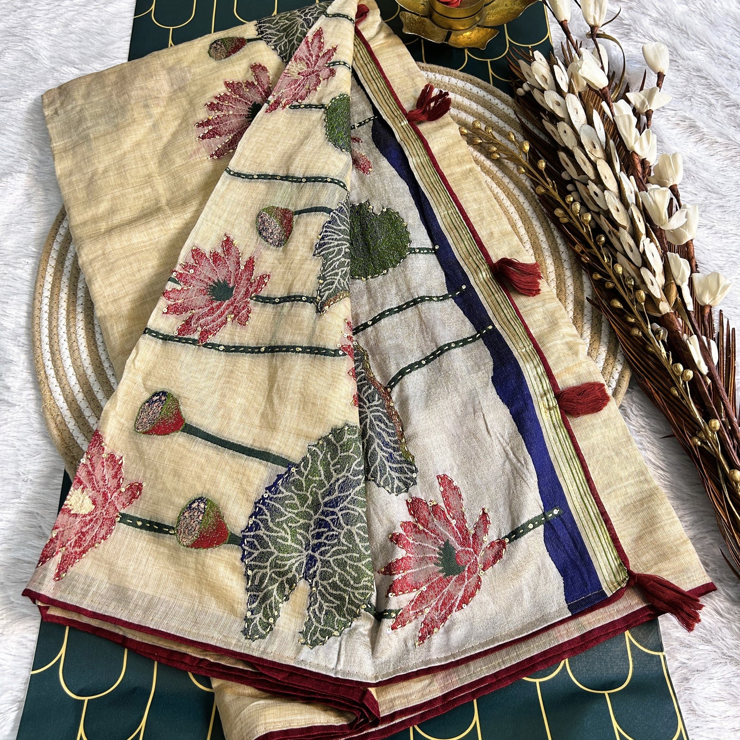 Linen silk Saree with lotus print and thread work detailing | Beige/Maroon | Maguvaa Sarees