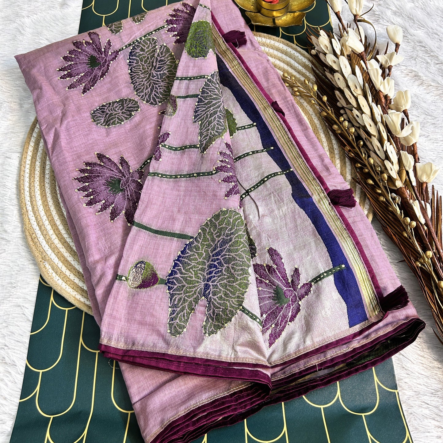 Linen silk Saree with lotus print and thread work detailing | Lavendar/Purple | Maguvaa Sarees