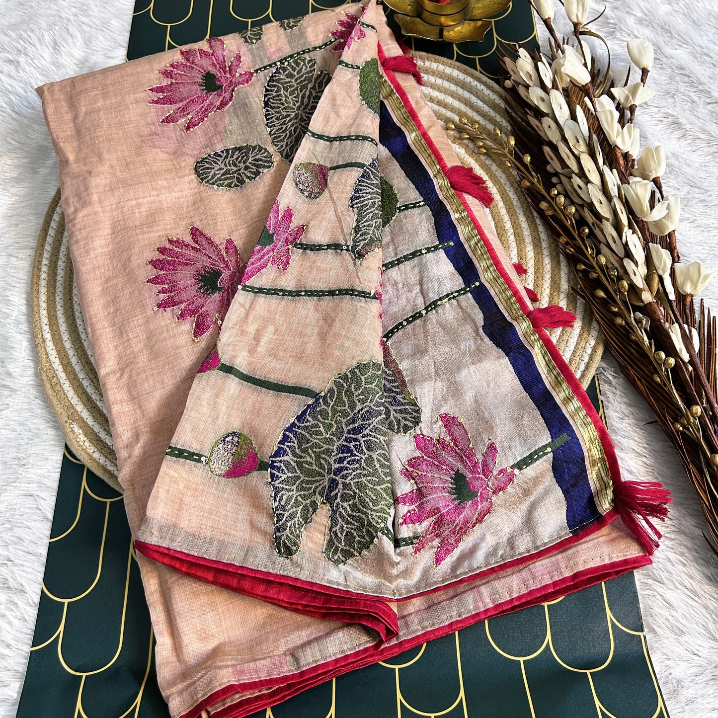 Linen silk Saree with lotus print and thread work detailing | Peach/Pink| Maguvaa Sarees