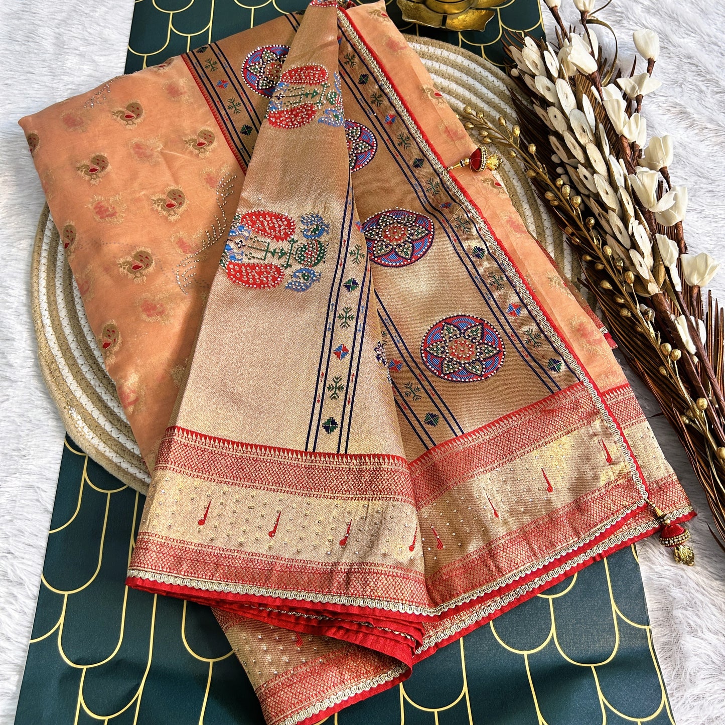 Glass Tissue with Paithani Borde with rich zarcon detailing | Orange/red boder | Maguvaa Sarees