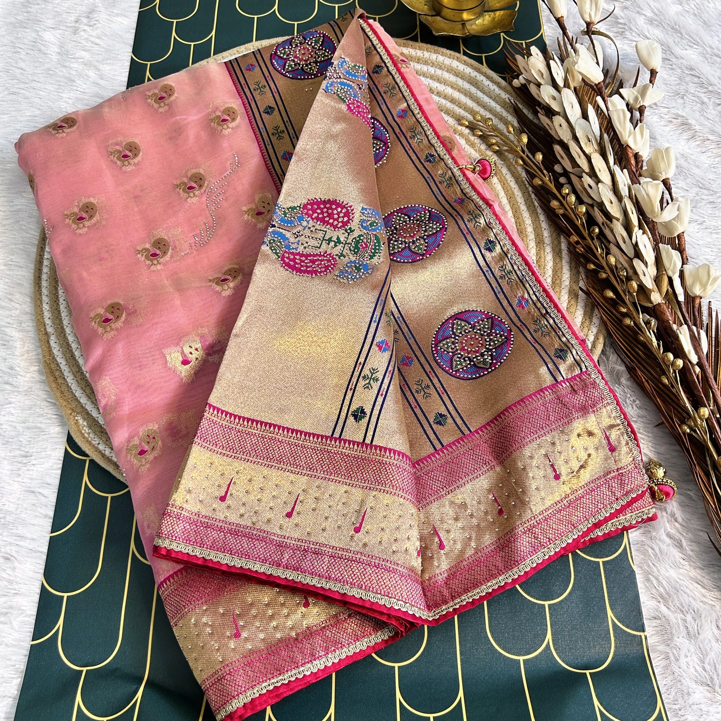 Glass Tissue with Paithani Borde with rich zarcon detailing | Pink/Dark Pink | Maguvaa Sarees