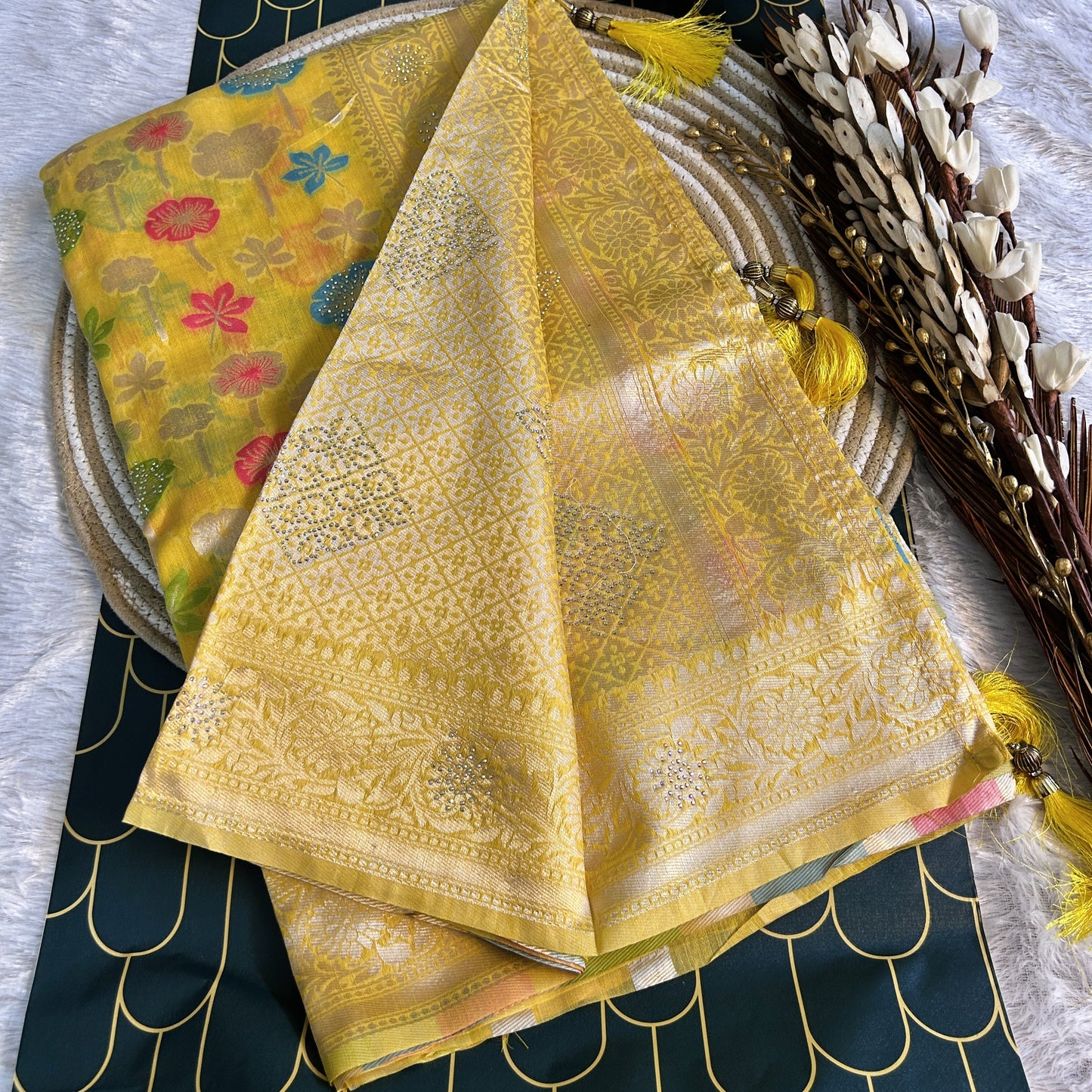 Linen Silk Saree with thread work zarcon detailing | yellow | Maguvaa Sarees