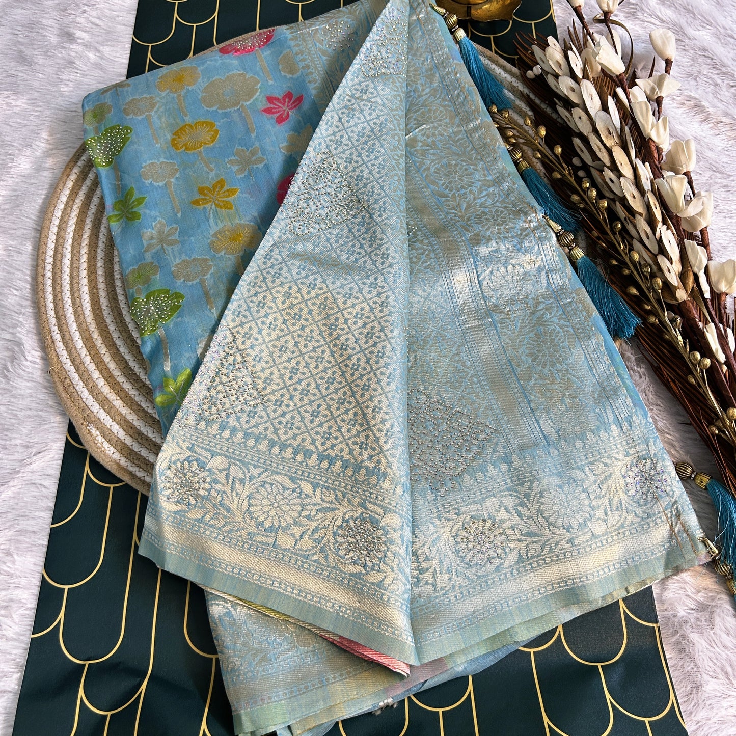 Linen Silk Saree with thread work zarcon detailing | blue | Maguvaa Sarees