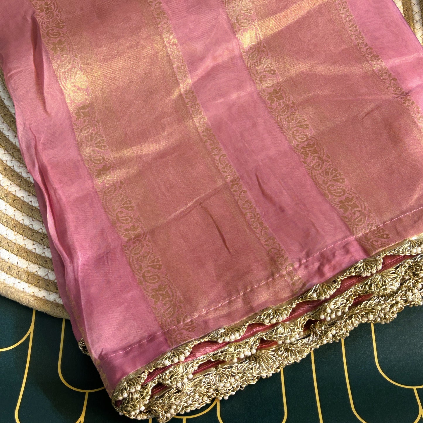 Glass Tissue Saree with Pearl Scallop Border | Pink | Maguvaa Sarees