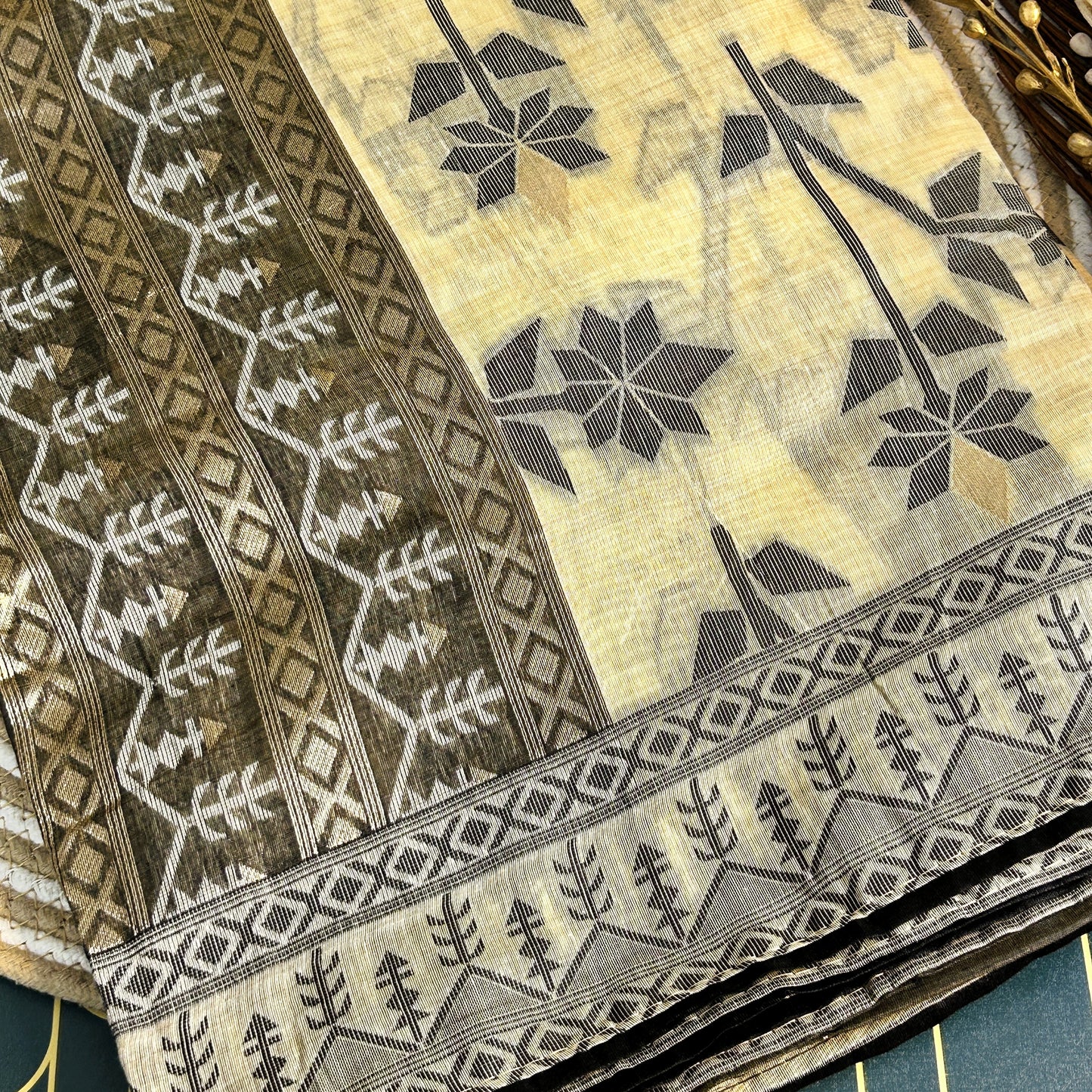 Bengal cotton with thread work | Beige/Black | Maguvaa Sarees