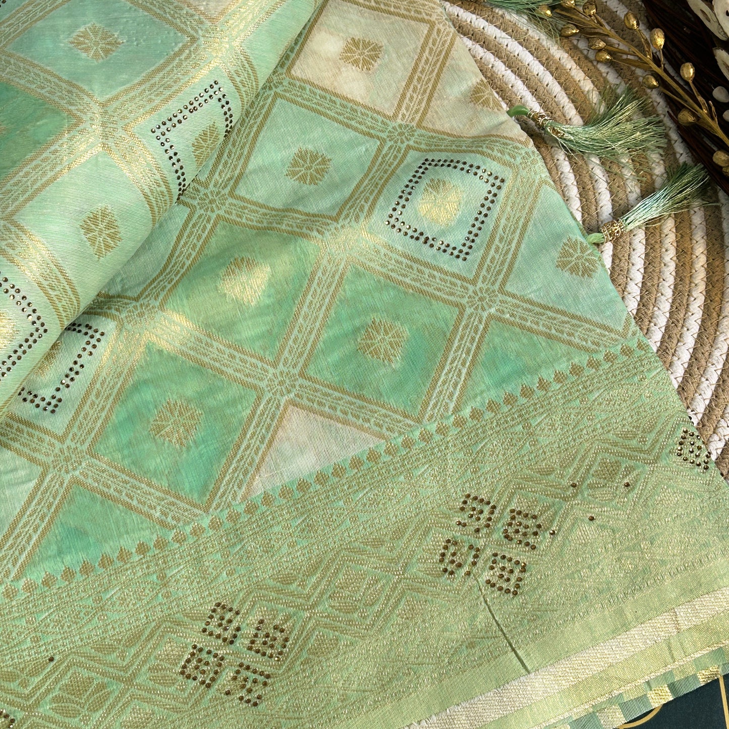 Linen Silk double shaded heavy saree stone work | Mint Green | Maguvaa Sarees