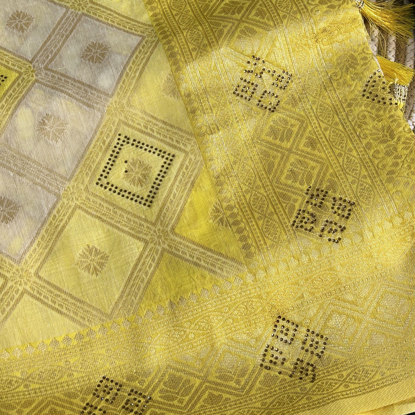 Linen Silk double shaded heavy saree stone work | Yellow | Maguvaa Sarees