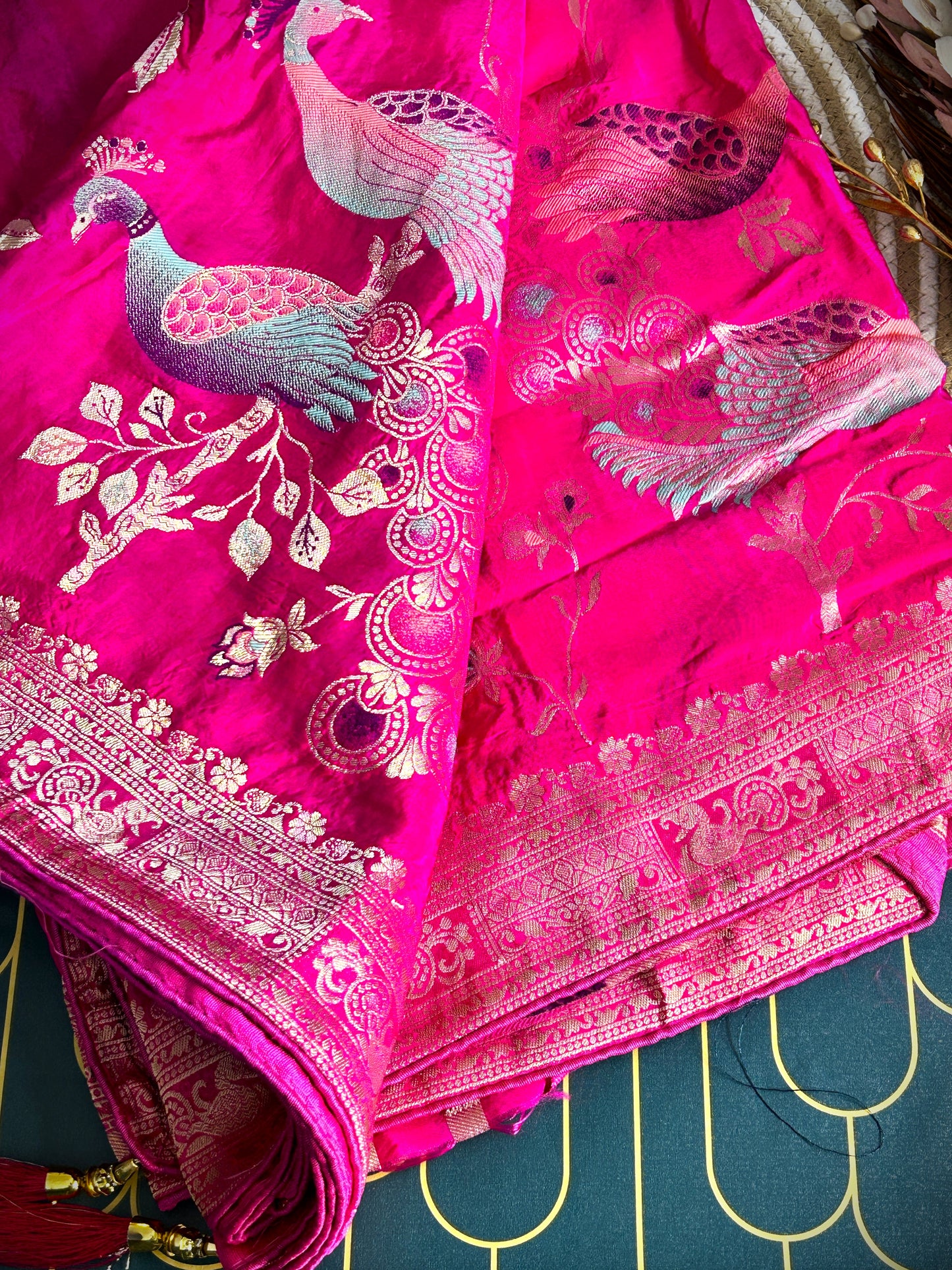 Rich Zari border with peacock detailing Viscose Saree | Rani Pink | Maguvaa Sarees