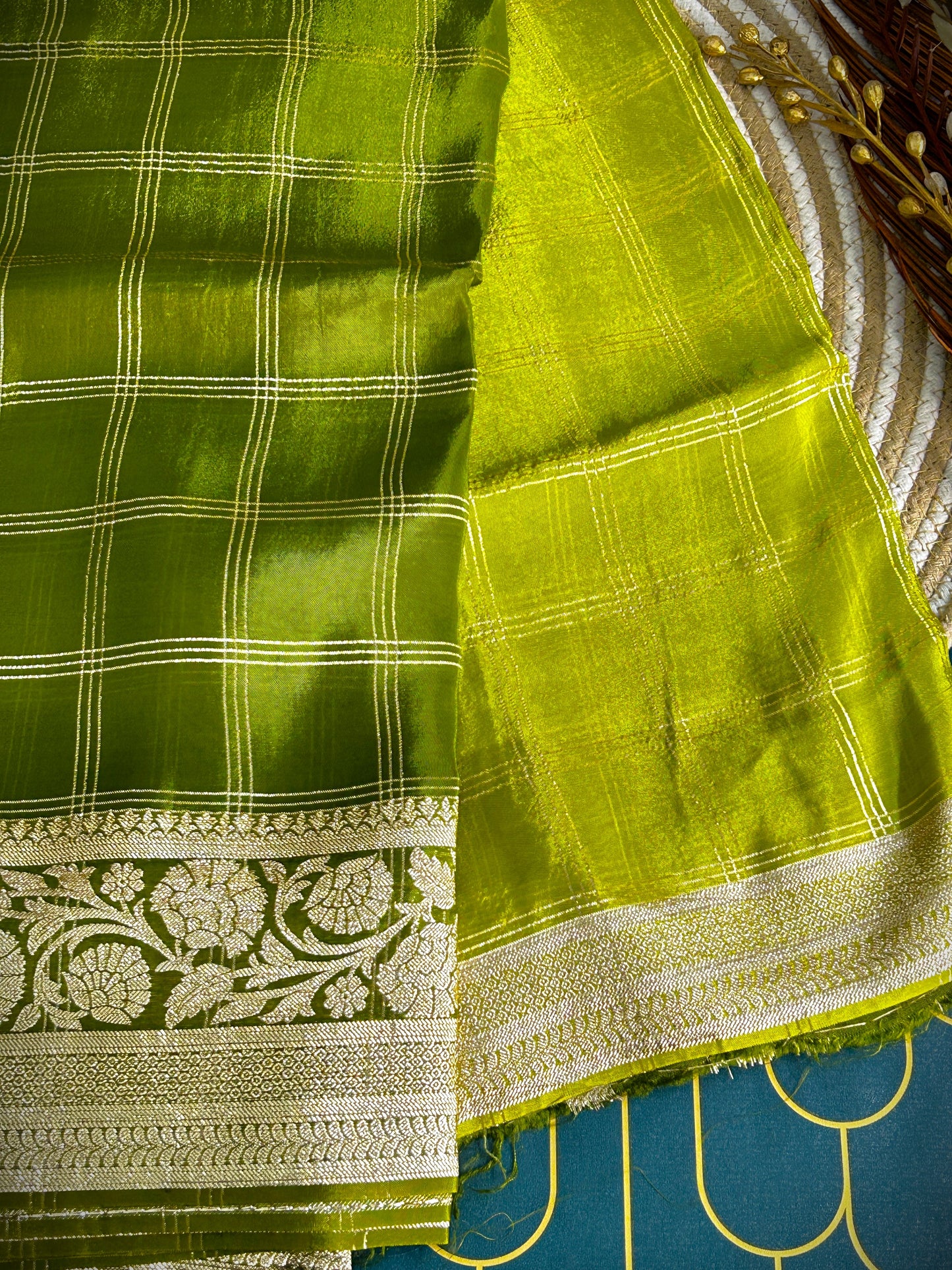 Organza Shaded Saree with Tissue Border | Olive Green | Maguvaa Sarees