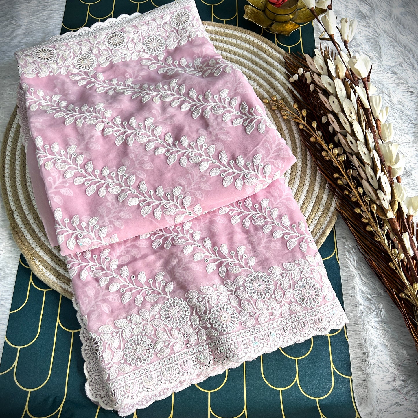 chiffon Saree with Chickenkari work | Pink | Maguvaa Sarees