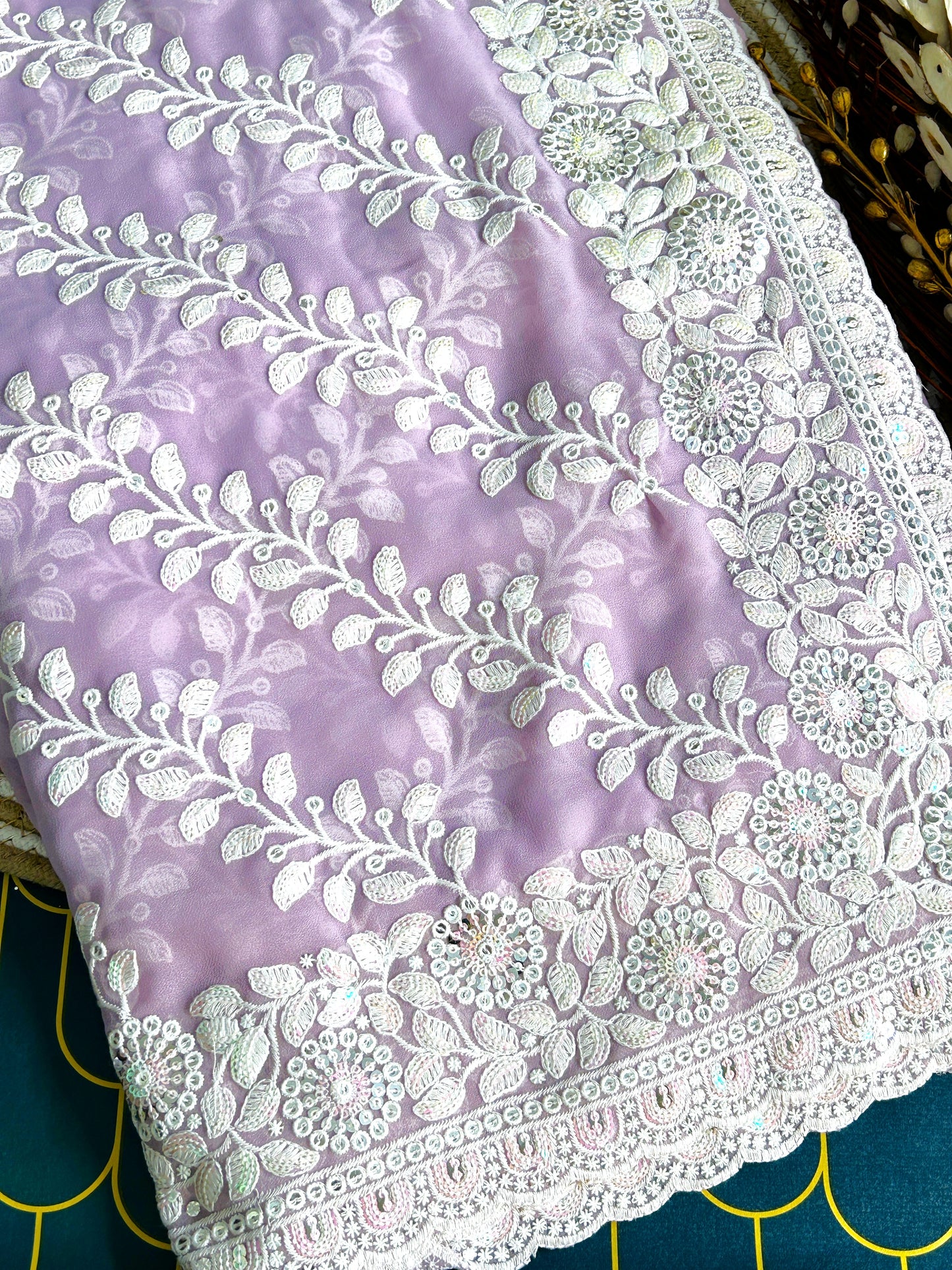 chiffon Saree with Chickenkari work | Lavender | Maguvaa Sarees