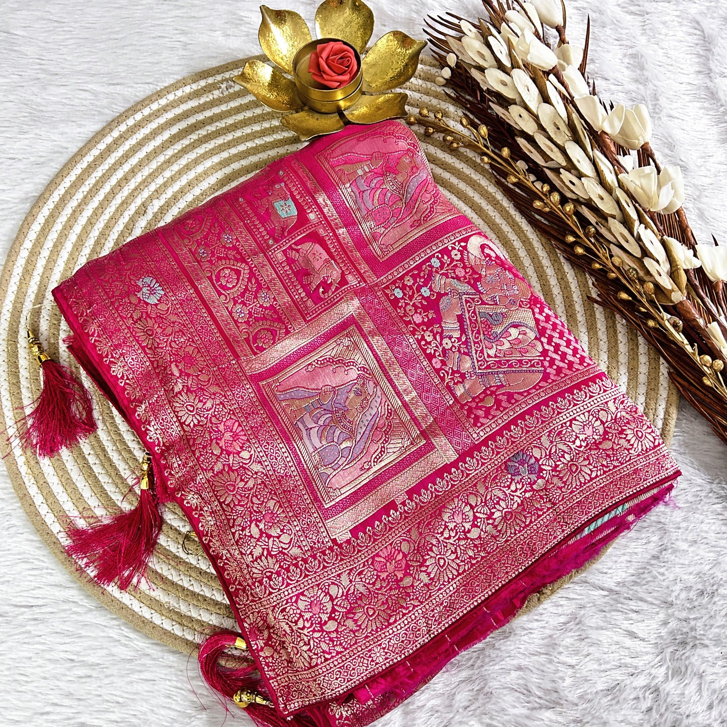Rich Zari border with elephant detailing Viscose Saree | Rani Pink | Maguvaa Sarees