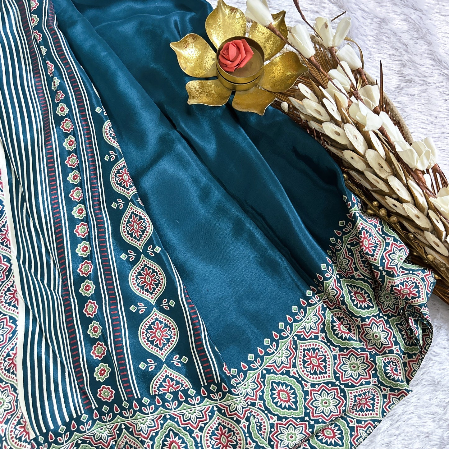 Ajrakh plain body with printed border| Peacock green | Maguvaa Sarees