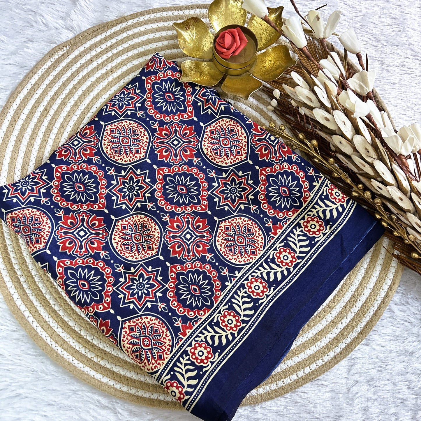 Navy Blue Ajrakh Print Crepe Viscose Saree | Maguvaa Sarees