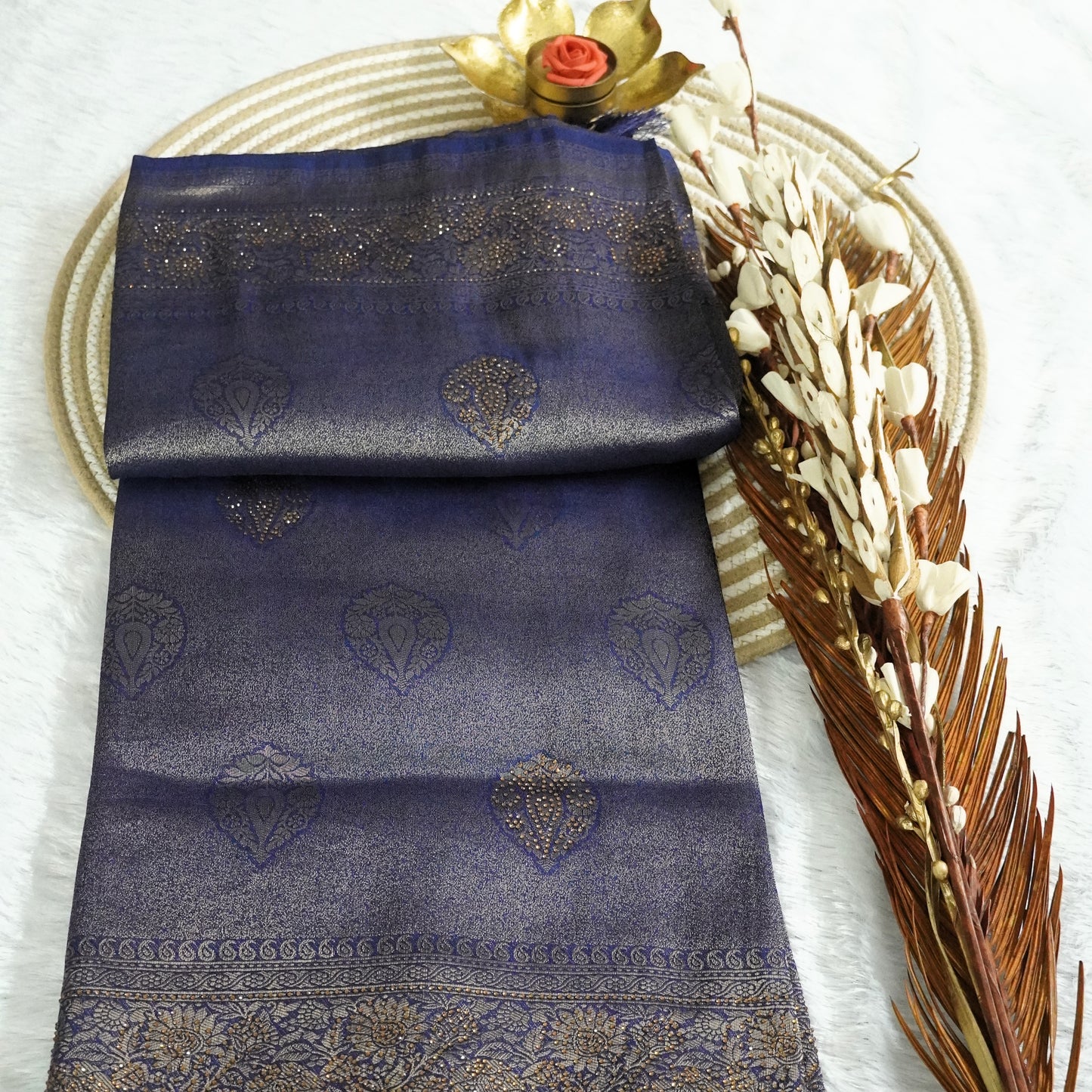 Tissue Saree with Zarcon work and all over detailing work | Navy Blue | Maguvaa Sarees