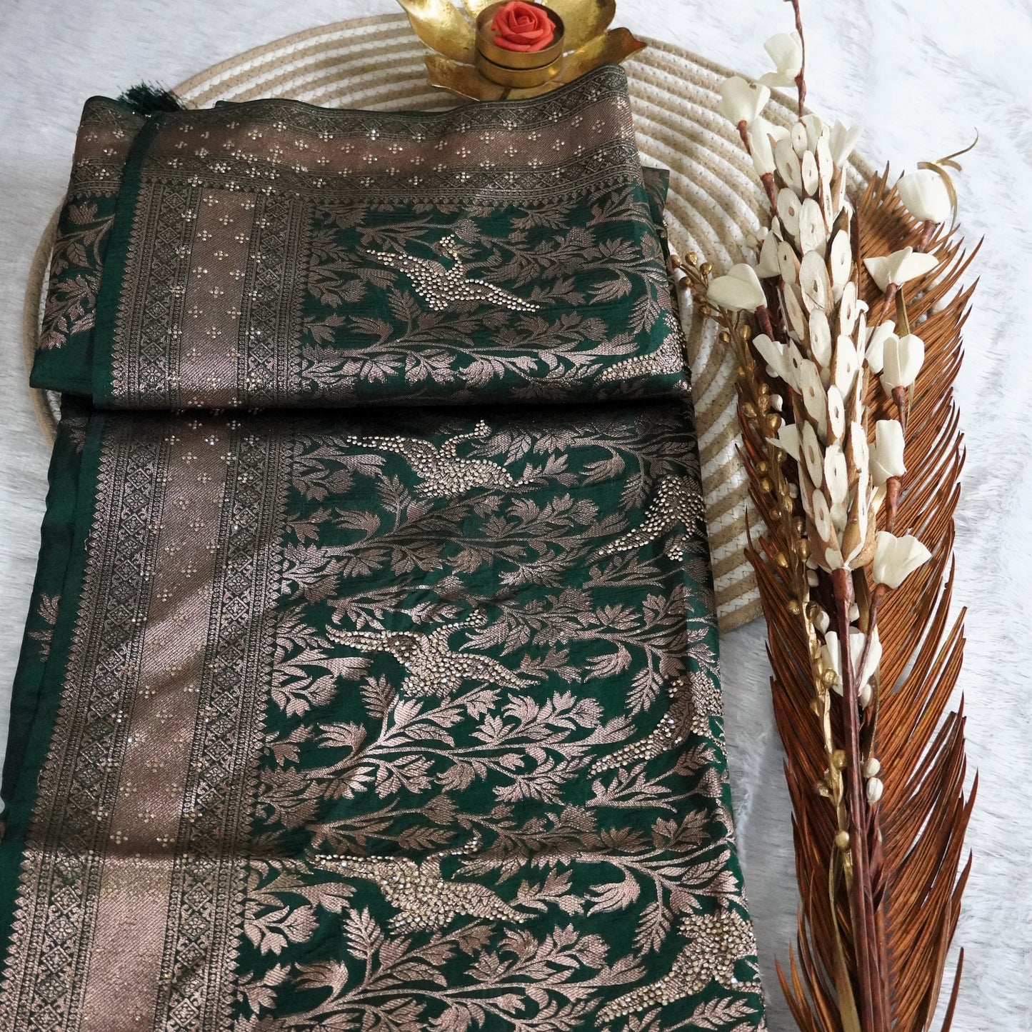 Fancy Banarasee with Zari boder and stone work | Bottle Green | Maguvaa Sarees