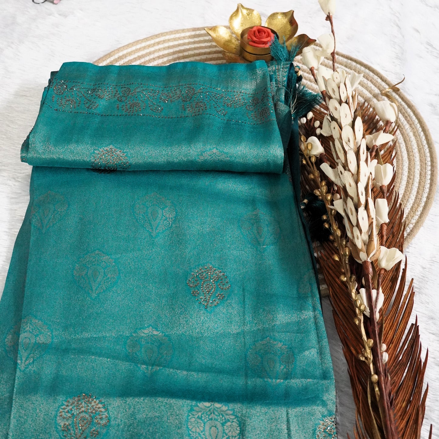 Tissue Saree with Zarcon work and all over detailing work | Sea Green | Maguvaa Sarees