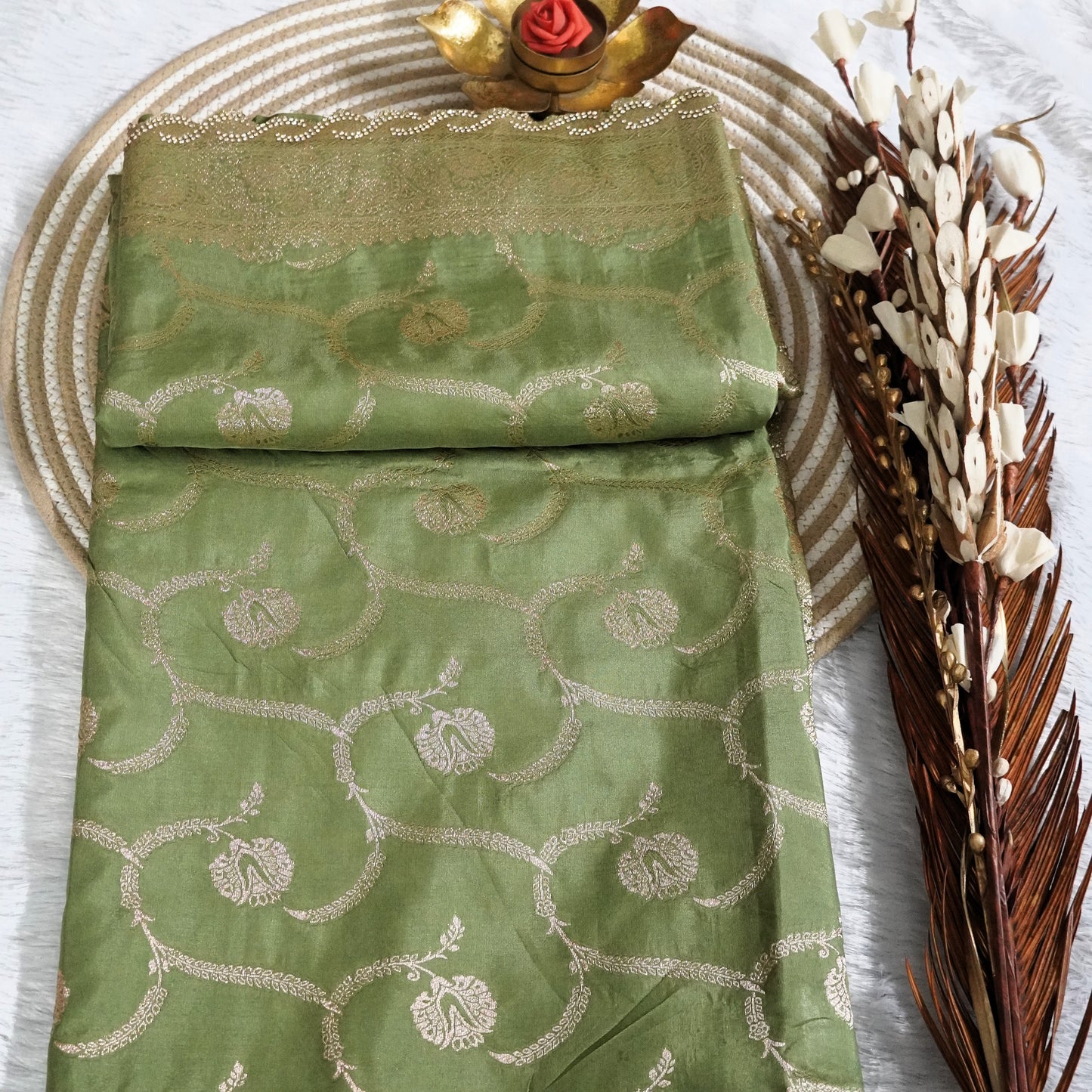 Fancy Banarasee with Scallop boder and stone work | Pista Green | Maguvaa Sarees