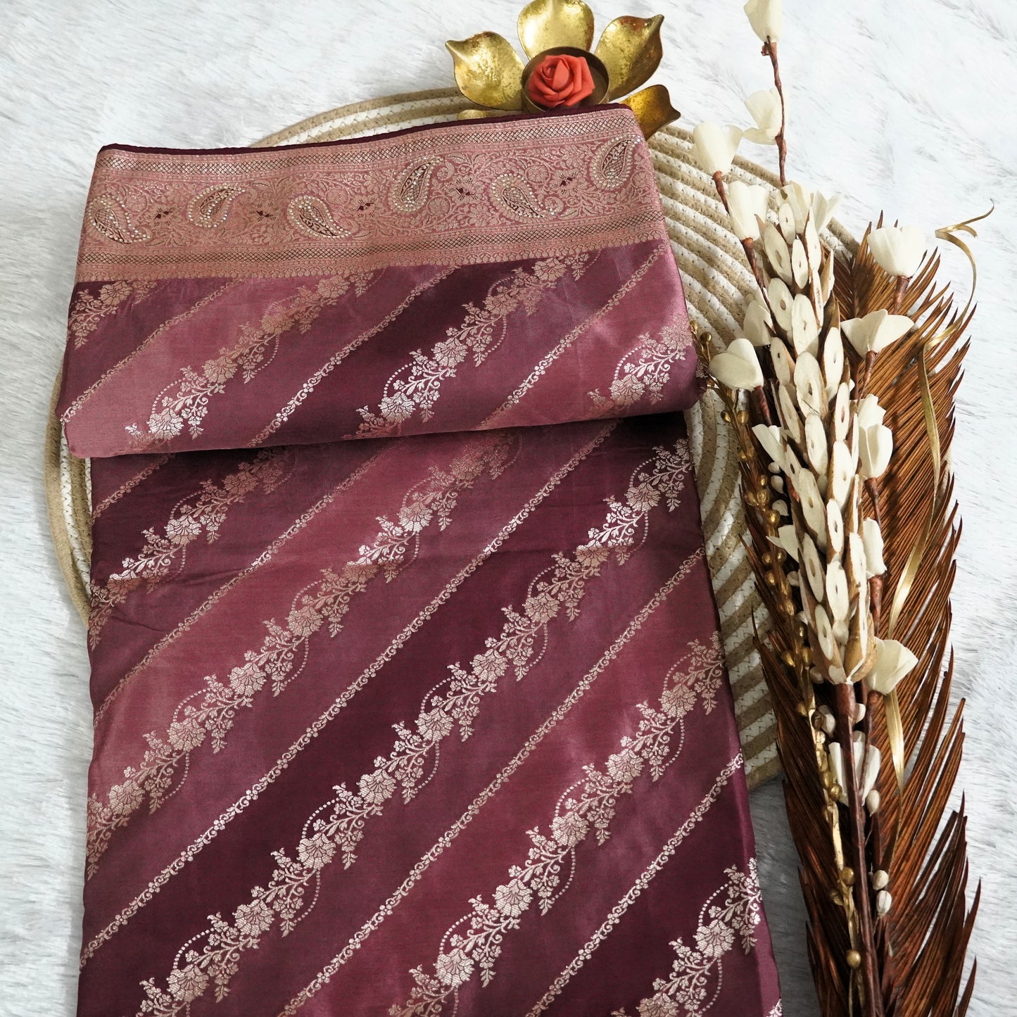 Designer Banarasee with silver zari weaving shaded with stone work | Onion Pink | Maguvaa Sarees