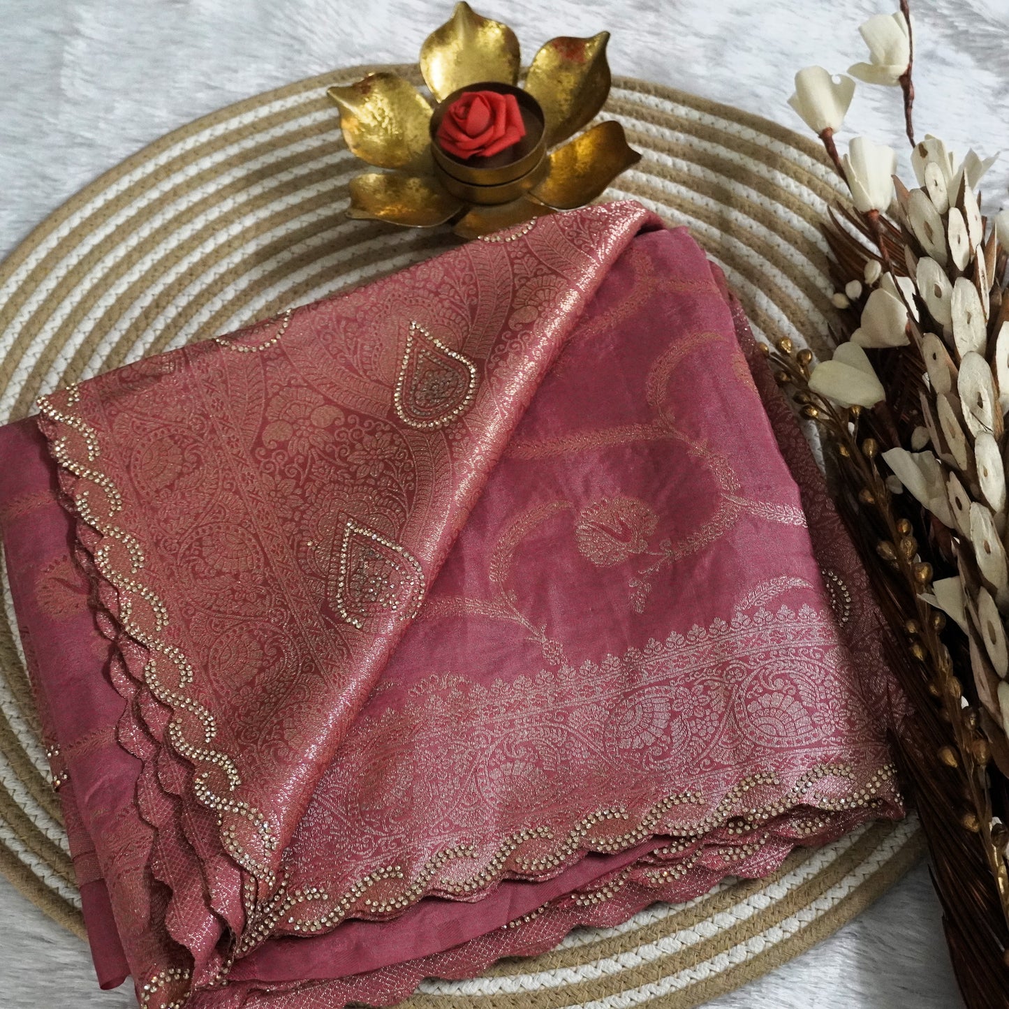 Fancy Banarasee with Scallop boder and stone work | Onion Pink | Maguvaa Sarees