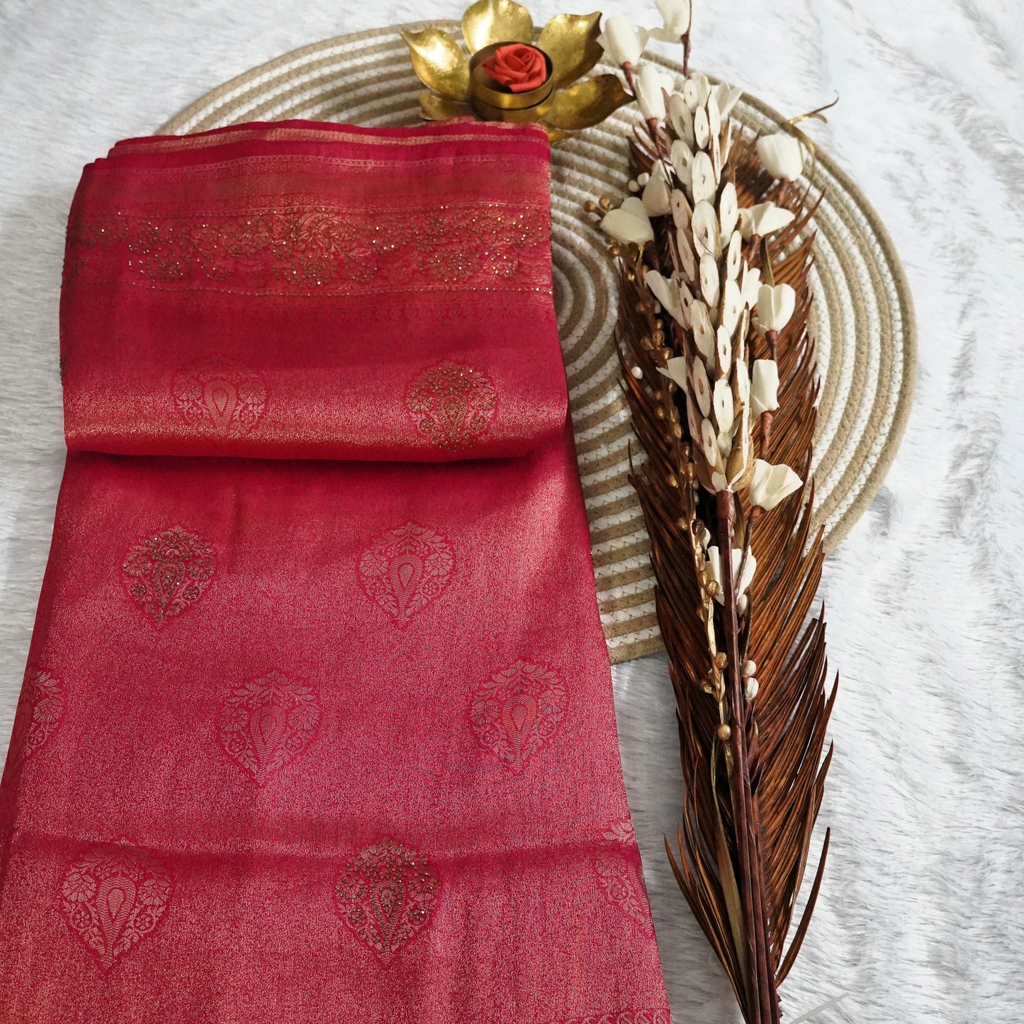 Tissue Saree with Zarcon work and all over detailing work | Rani Pink | Maguvaa Sarees