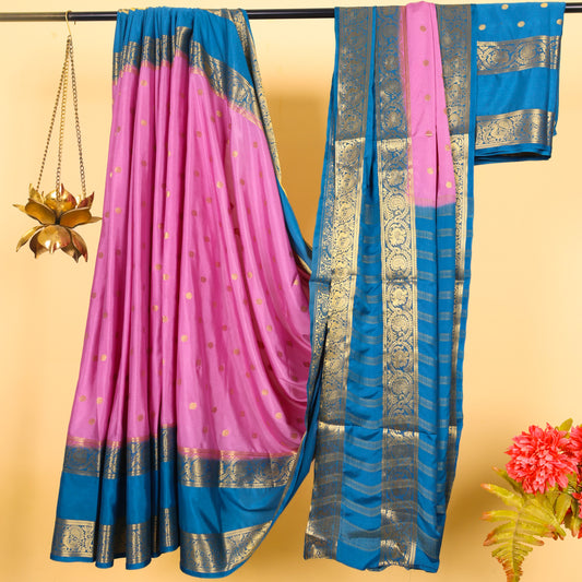 Pink and Blue Semi Silk Saree with Gold Zari Border | Maguvaa Sarees