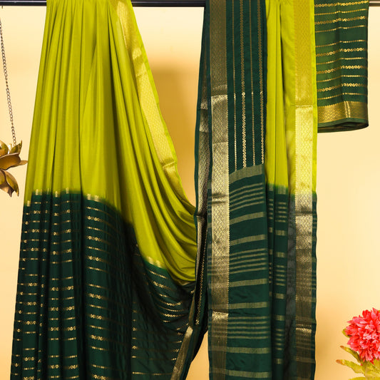 Dual-Tone Green Semi Silk Saree with Gold Zari Border | Maguvaa Sarees