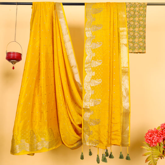 Yellow Semi Silk Saree with Silver Zari Border & Printed Green Blouse | Maguvaa Sarees