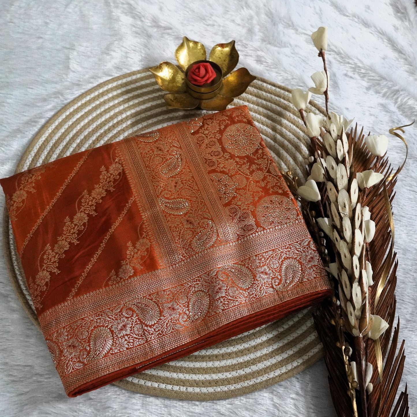 Designer Banarasee with  silver zari weaving shaded with stone work | Brown | Maguvaa Sarees