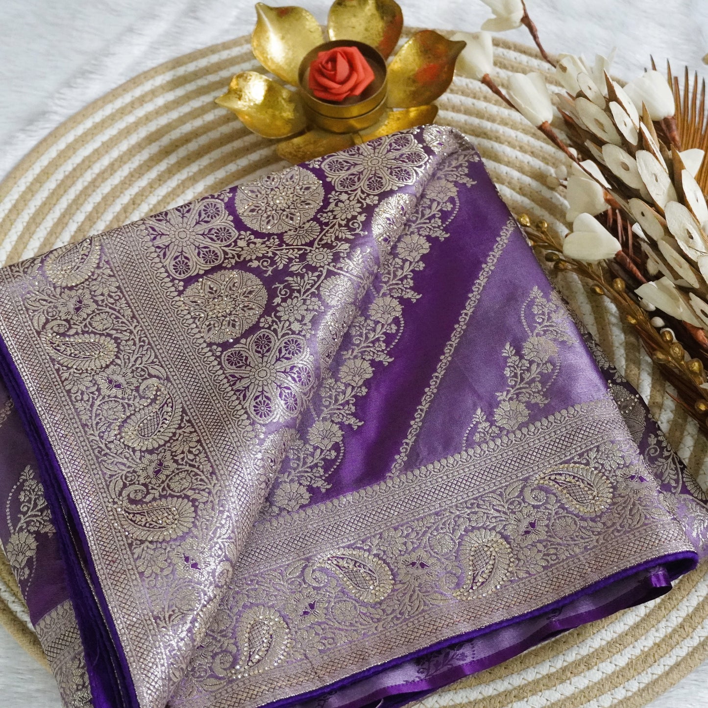 Designer Banarasee with  silver zari weaving shaded with stone work | Lavender | Maguvaa Sarees