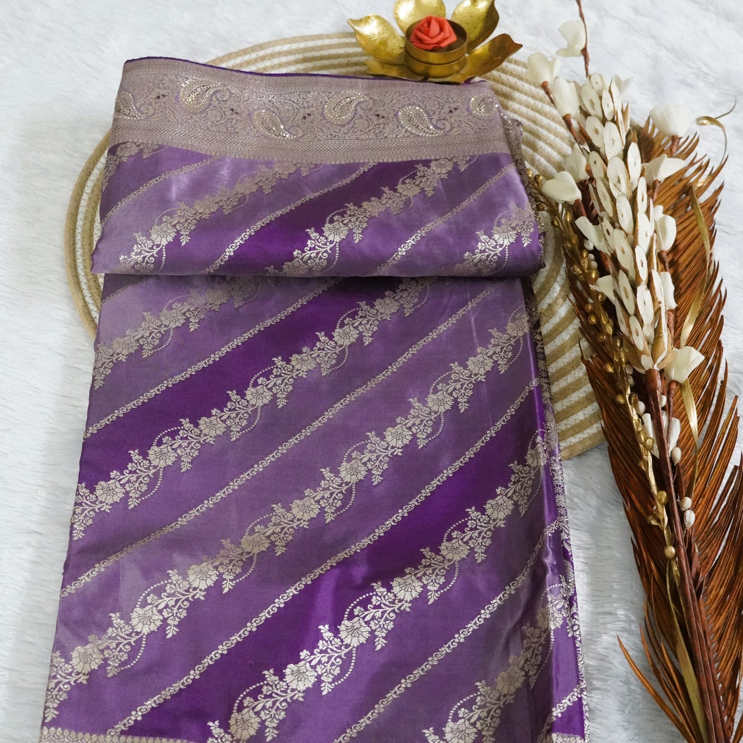Designer Banarasee with  silver zari weaving shaded with stone work | Lavender | Maguvaa Sarees