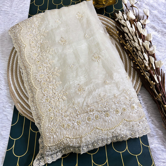 Glass Tissue Saree with Scallop Border and Pearl Work | Off-White | Maguvaa Sarees