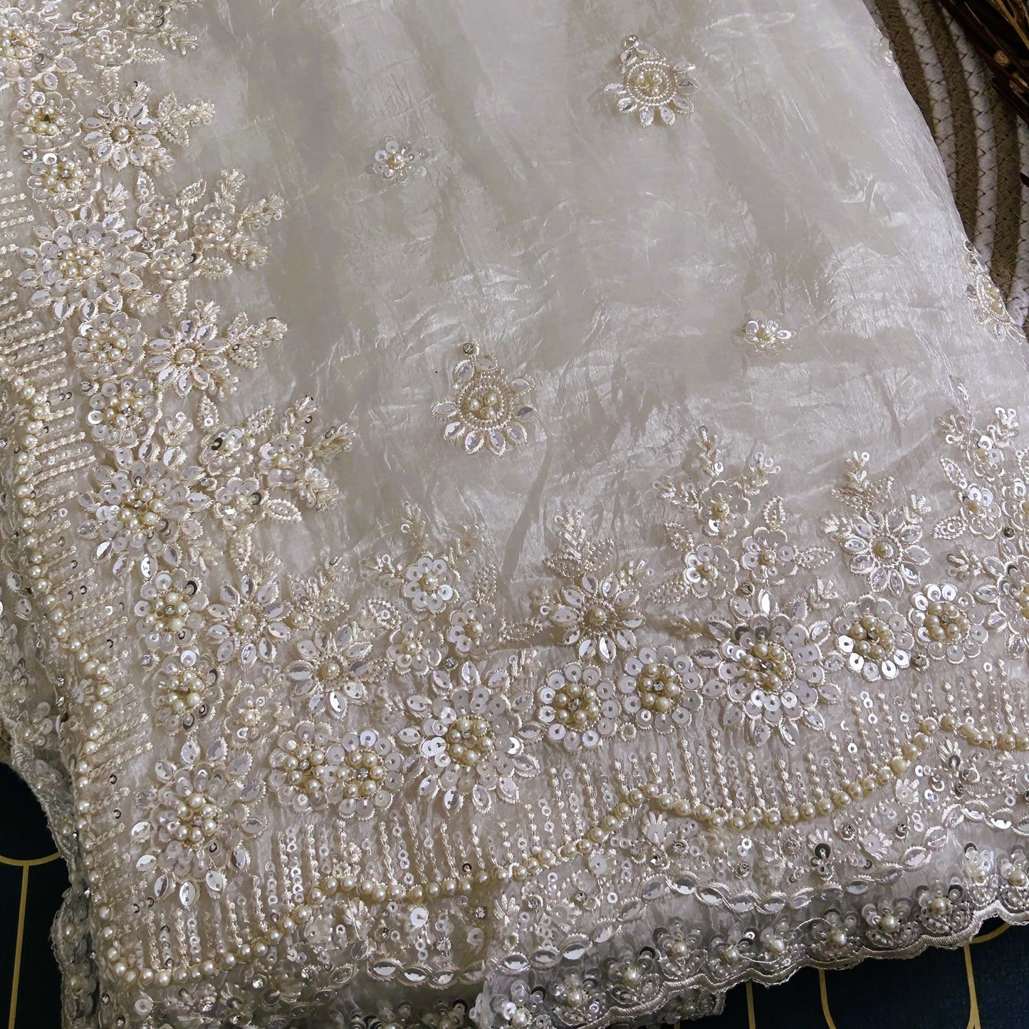 Glass Tissue Saree with Scallop Border and Pearl Work | Off-White | Maguvaa Sarees