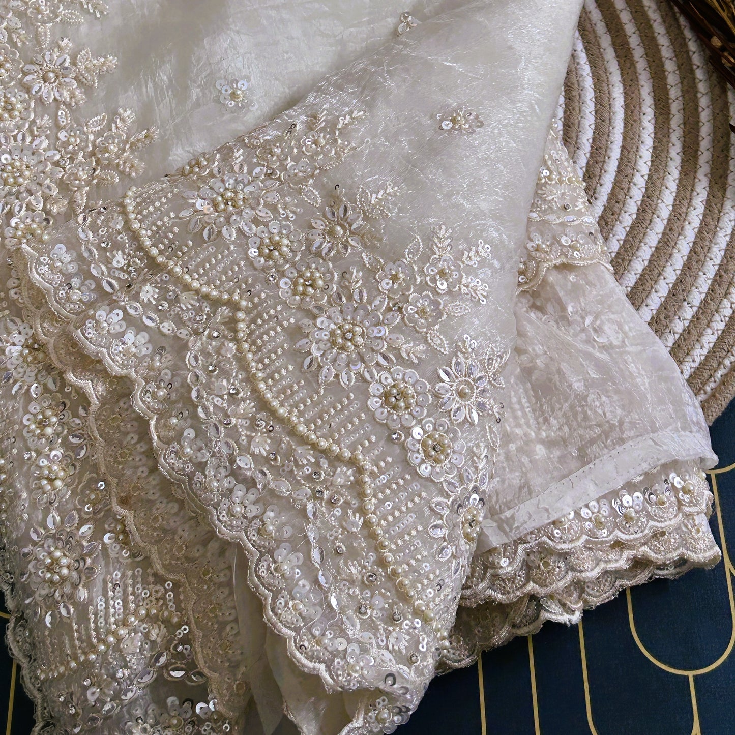 Glass Tissue Saree with Scallop Border and Pearl Work | Off-White | Maguvaa Sarees