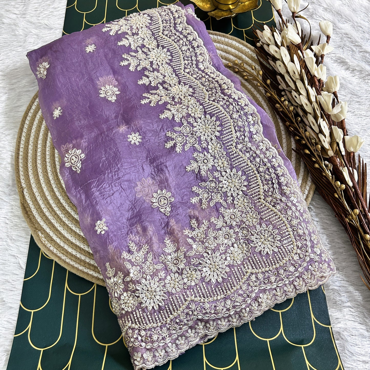 Glass Tissue Saree with Scallop Border and Pearl Work | Lavender | Maguvaa Sarees