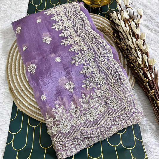 Glass Tissue Saree with Scallop Border and Pearl Work | Lavender | Maguvaa Sarees