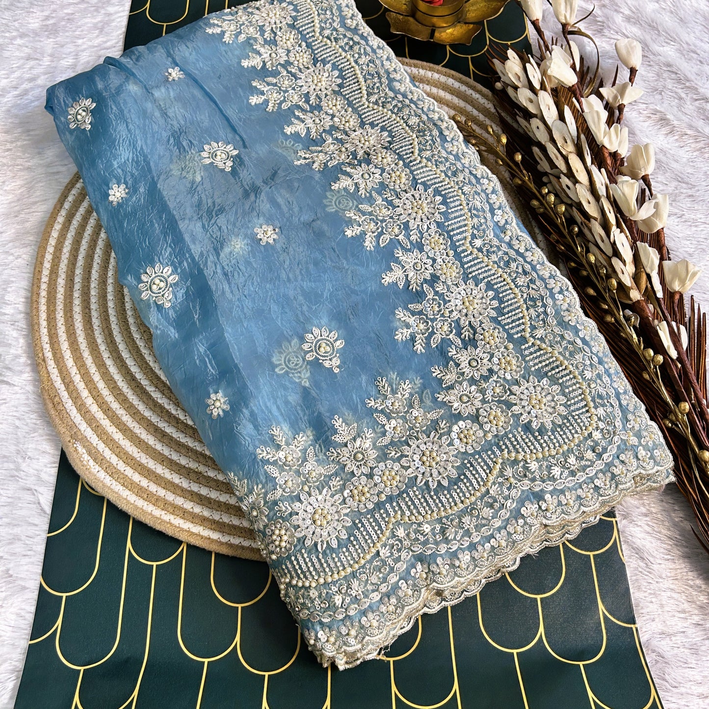 Glass Tissue Saree with Scallop Border and Pearl Work | Sky Blue | Maguvaa Sarees