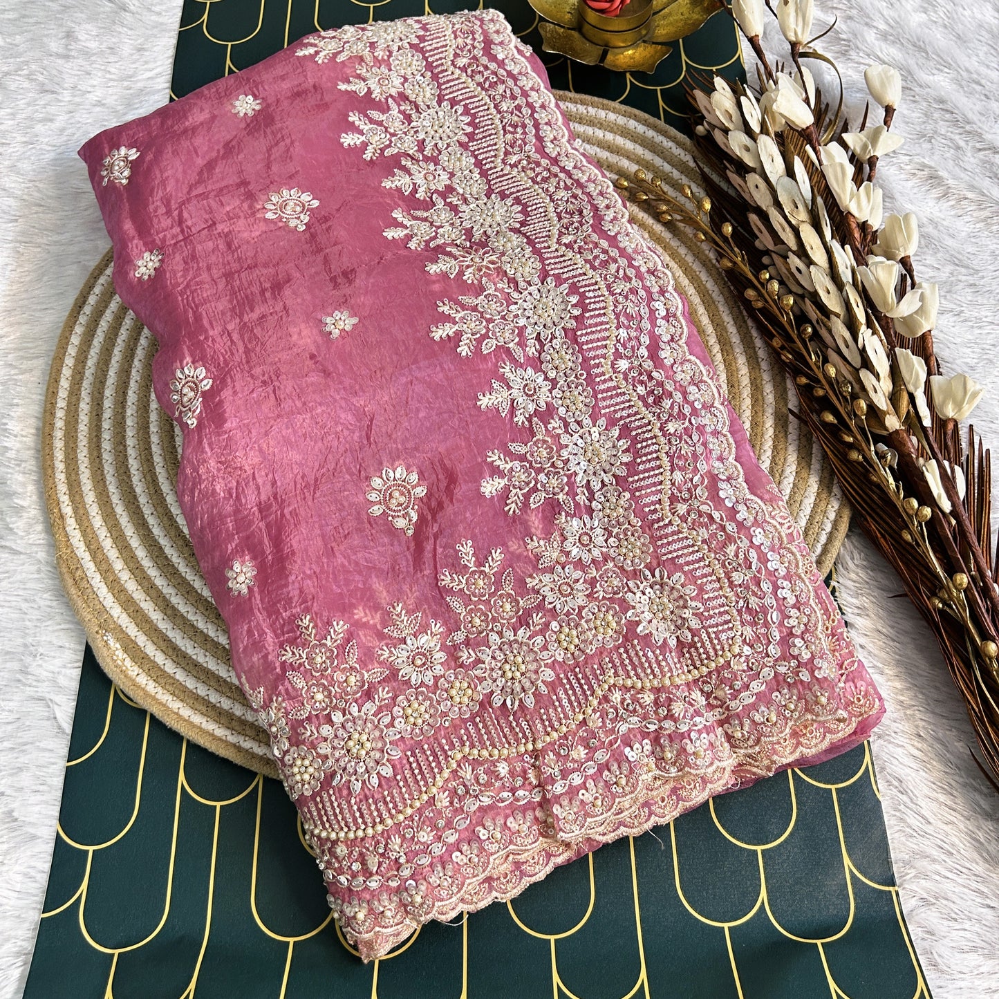 Glass Tissue Saree with Scallop Border and Pearl Work | Pink | Maguvaa Sarees