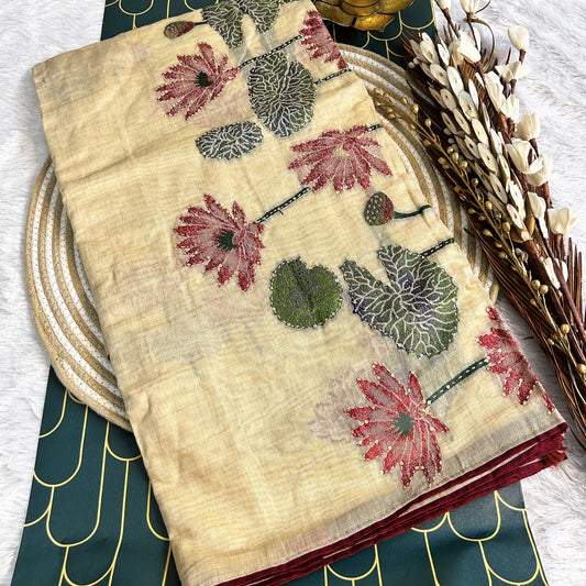 Linen silk Saree with lotus print and thread work detailing | Beige/Maroon | Maguvaa Sarees