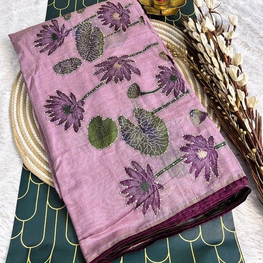 Linen silk Saree with lotus print and thread work detailing | Lavendar/Purple | Maguvaa Sarees