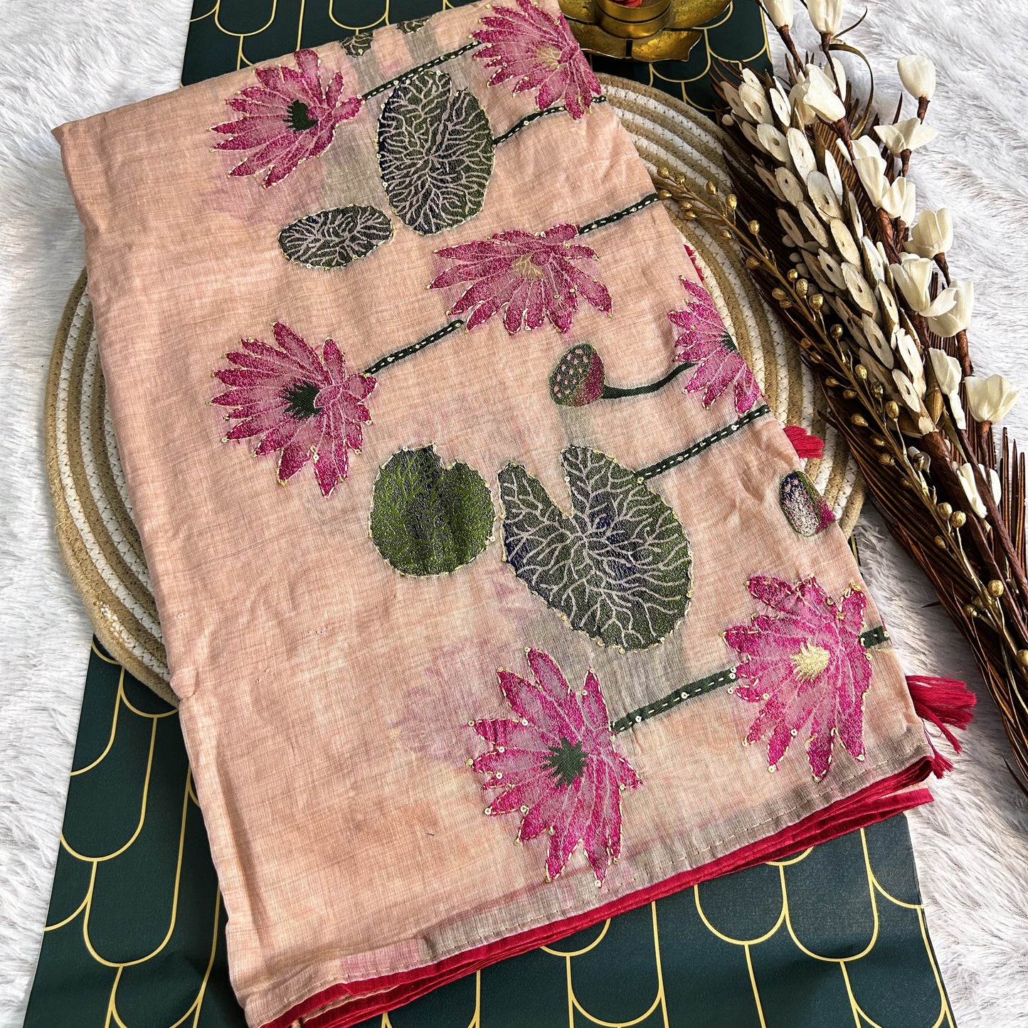 Linen silk Saree with lotus print and thread work detailing | Peach/Pink| Maguvaa Sarees