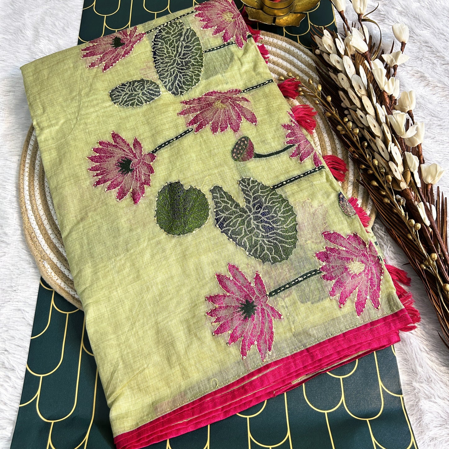 Linen silk Saree with lotus print and thread work detailing | Pista Green/Pink | Maguvaa Sarees