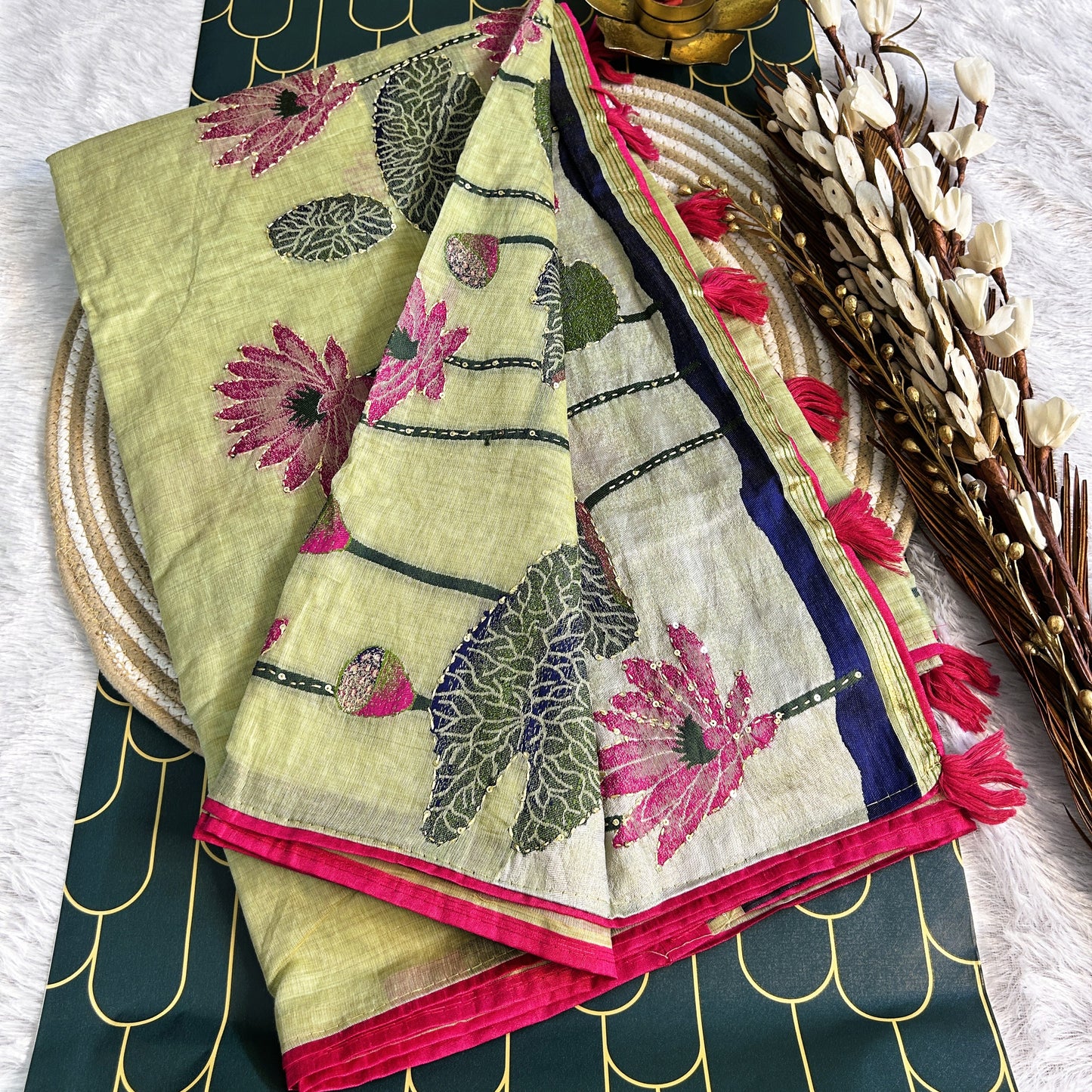 Linen silk Saree with lotus print and thread work detailing | Pista Green/Pink | Maguvaa Sarees