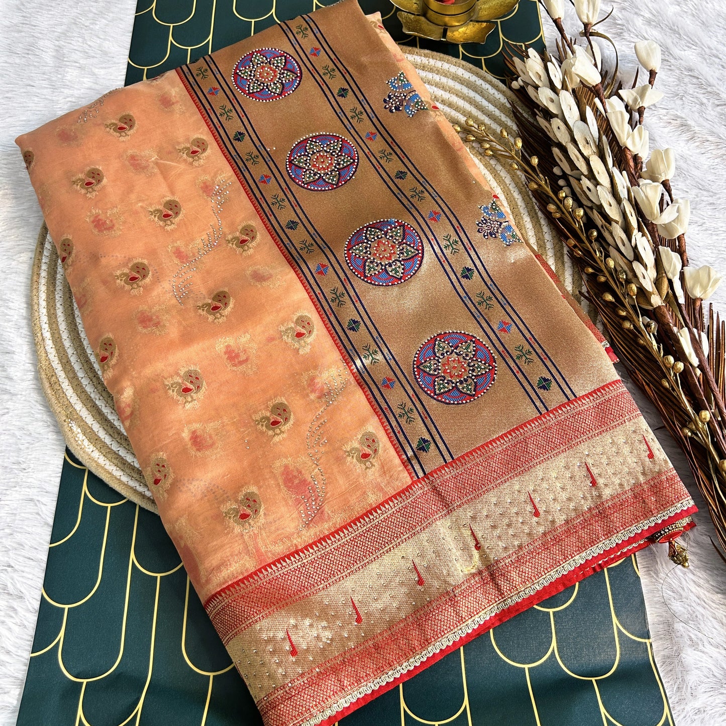 Glass Tissue with Paithani Borde with rich zarcon detailing | Orange/red boder | Maguvaa Sarees