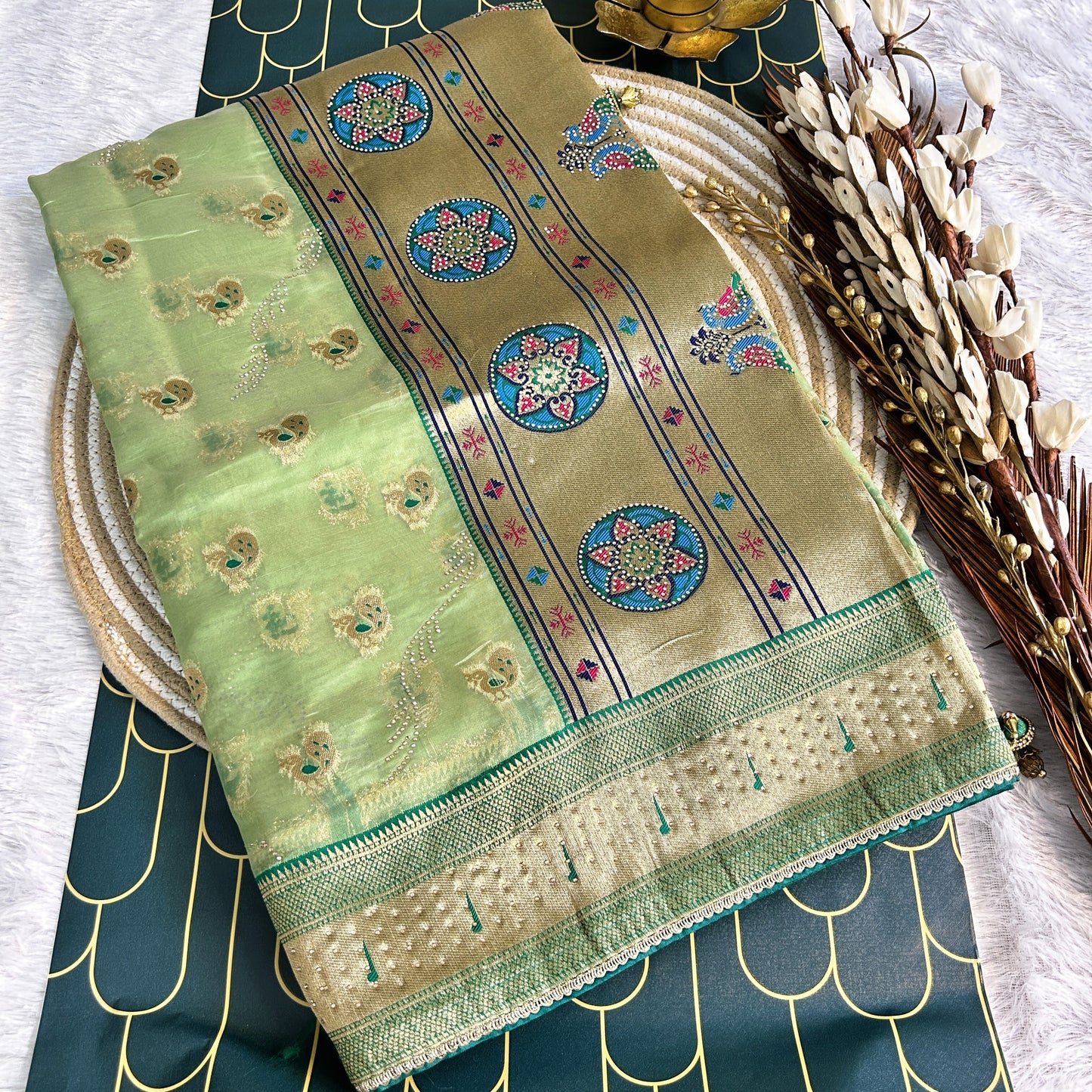 Glass Tissue with Paithani Borde with rich zarcon detailing | Pista/ Dark green | Maguvaa Sarees