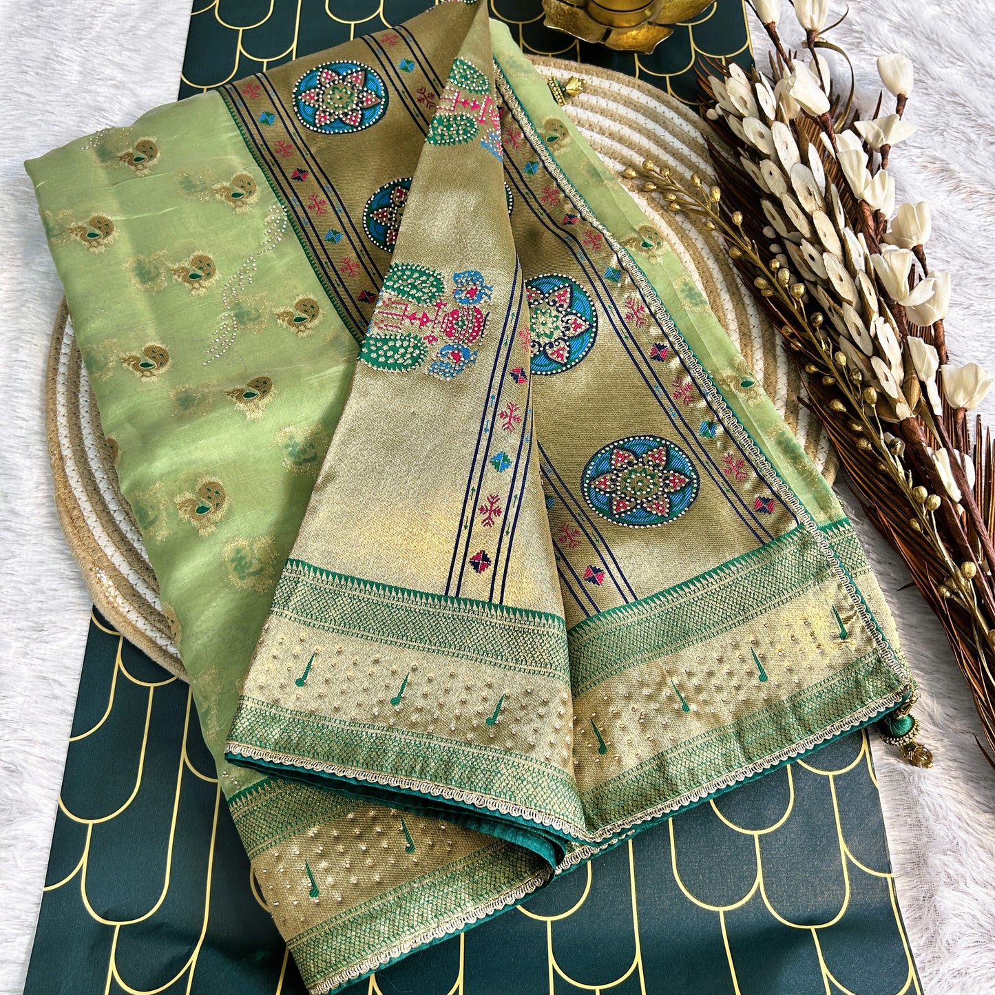 Glass Tissue with Paithani Borde with rich zarcon detailing | Pista/ Dark green | Maguvaa Sarees